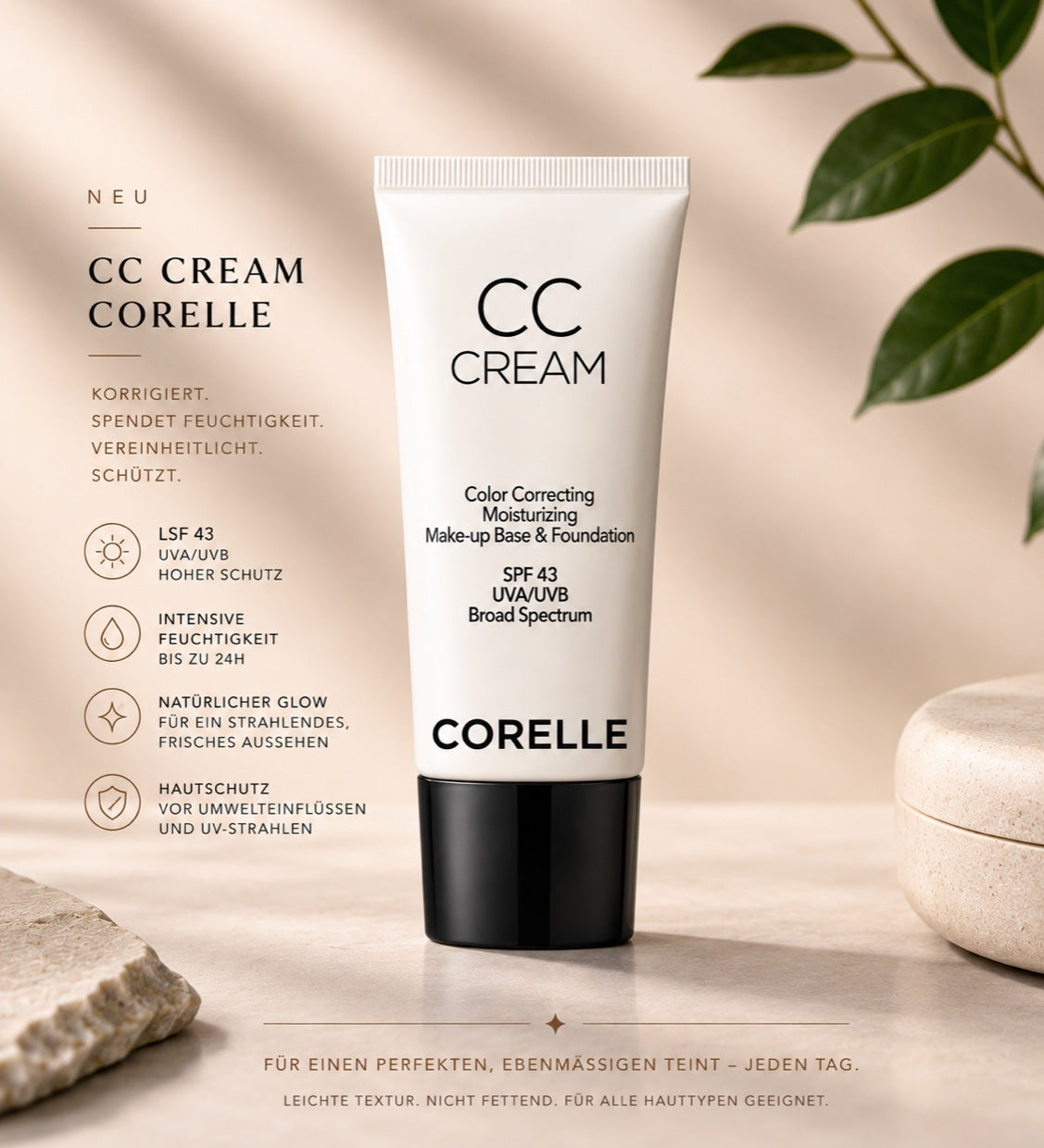 CORELLE CC Cream LSF 43 — korrigiert, spendet Feuchtigkeit, vereinheitlicht, schützt