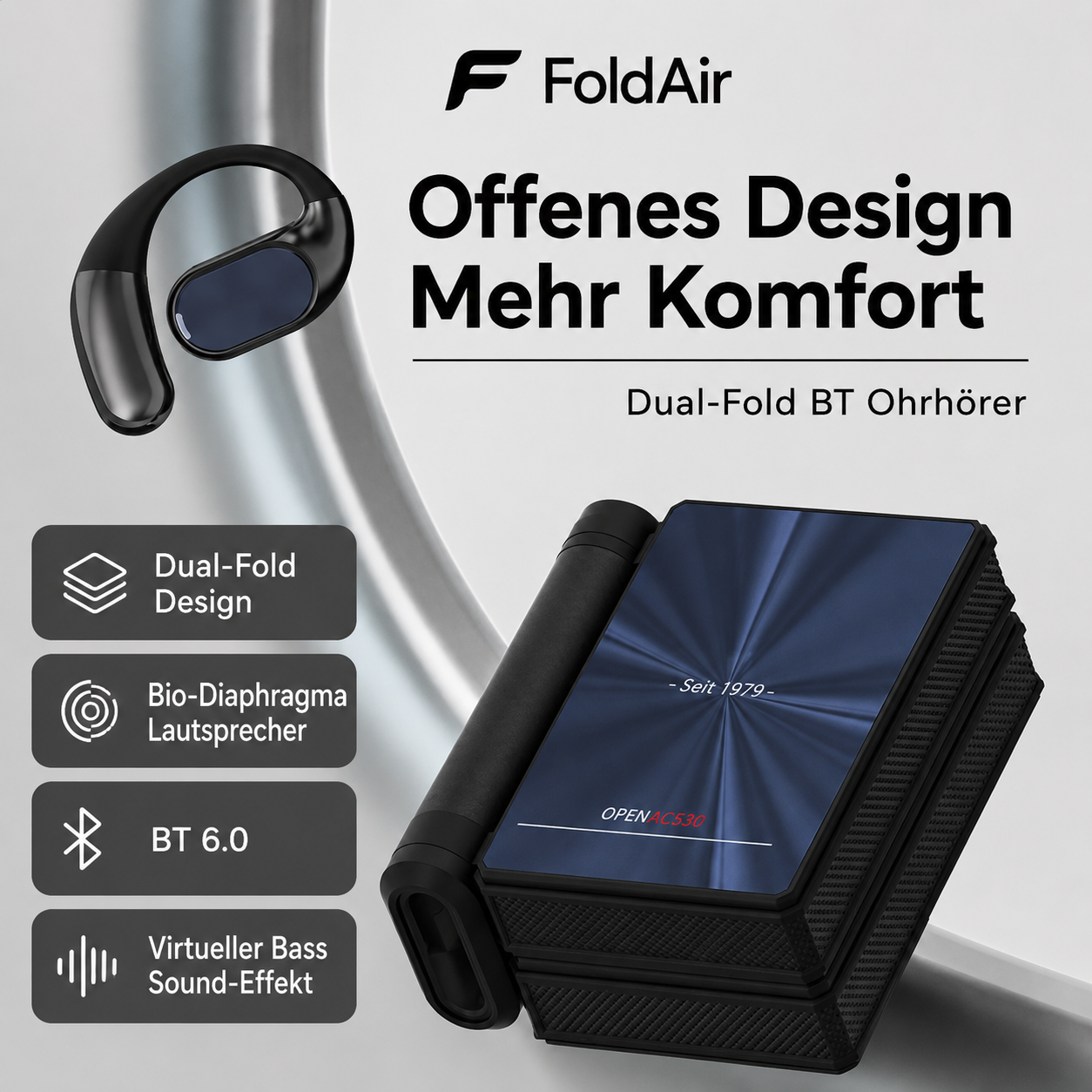 FoldAir Open-Ear: Bio-Diaphragma-Lautsprecher 14.2mm, IPX5, Bluetooth 6.0, ergonomischer Bügel